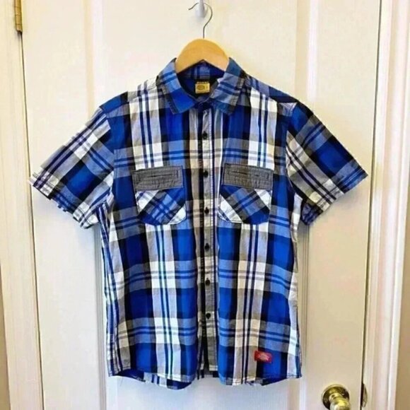 Dickie’s Button Front Shirt Short Sleeves Blue Grey White Plaid Boys Large - Picture 3 of 14